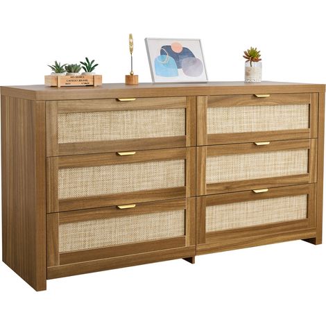 Commode en rotin à 6 tiroirs, meuble de rangement avec poignées en métal, organisateur de vêtements et rangement bohème en bois, armoire pour chambre à coucher, salon ou couloir, couleur noyer (1/5)