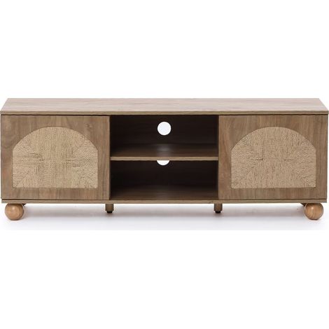 TV-Board aus Holz im Landhausstil – 2 Türen mit Flecht-Front und offenen Ablagefächern, naturfarben (1/5)