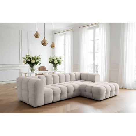 Ecksofa Designersofa SOLVIE in Stoff Moly Creme Ottomane Rechts