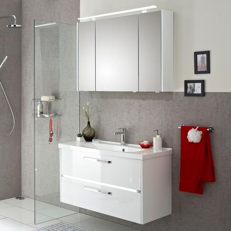 Badmöbel-Set Waschtisch & Spiegelschrank FES-3050-66 in Hochglanz weiß mit Mineralguss Waschbecken und LED - B/H/T: 105/200/43cm (1/5)