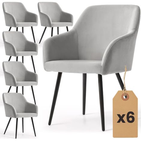 Lot de 6 Chaises en velours lisses ESTELLE Gris pieds noirs (1/5)