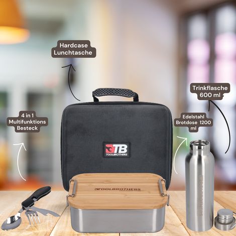 Toolbrothers Fan lunch box con borsa impermeabile in acciaio inox con coperchio in bambù 1200 ml + borraccia in acciaio inox 600 ml + posate multifunzione 4 in 1 (1/5)