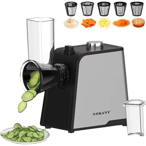 1000W Râpe de cuisine électrique, Coupe-légumes électrique avec 5 Cônes en Acier Inoxydable, Hachoir multifonctionne découpe legumes facilment, fromage, carottes, chocolat (1/5)