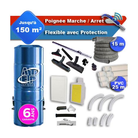 Aspirateur central hybride ATEPAC 70 GARANTIE 6 ANS + flexible rétractable 15 m avec housse de protection + poignée marche/arrêt + 7 accessoires + kit 1 prise RETRAFLEX + kit prise balai (rayon d'acti (1/5)
