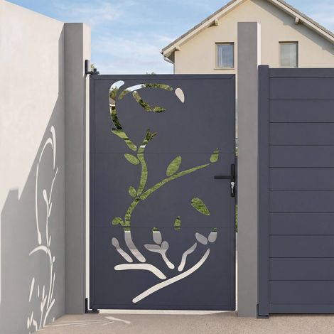Puerta de 100 x 160 cm de acero gris antracita con motivos FLOWER