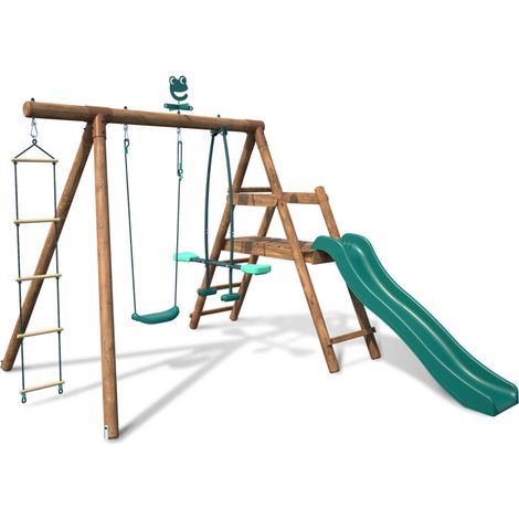 Portique en bois rond 3 agrès avec face à face, échelle et toboggan bas MÛRIER