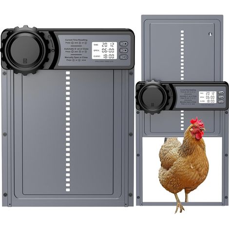 Porte Poulailler Automatique Batterie avec Écran LCD Programmable Étanche, Porte Automatique Poulailler en Aluminium avec Minuterie, Fonction Anti-pincement, Ouvre-Porte Vertical, Gris (1/5)
