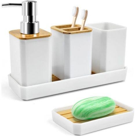 Juego de accesorios de baño de 5 piezas con dispensador de jabón, jabonera, portacepillos de dientes, vaso y bandeja. (1/5)