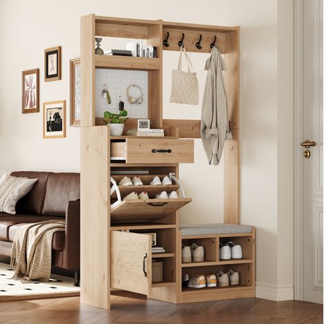 Guardaroba da ingresso in pannelli truciolari bianco e naturale con 4 ganci, 108,5 x 35 x 180 cm, con panca e contenitore (1/5)