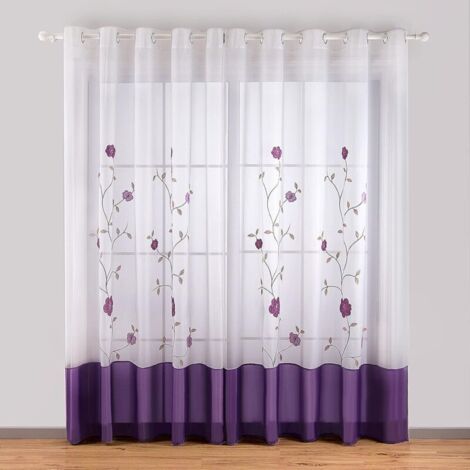 1 Pièce Rideaux à Oeillets Voilages Broderie Floral pour Chambre Cuisine Salon (1 Panneau (Largeur 140cm x Hauteur 260cm), Vio (1/5)