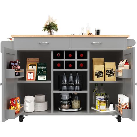 Îlot de cuisine moderne 102×45×92 cm, meuble de cuisine, buffet et desserte effet bois, table à manger multifonction avec espace de rangement, gris (1/5)
