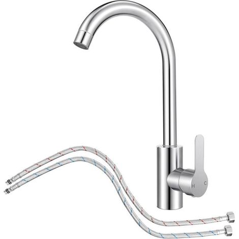 Robinet de cuisine avec flexible, mitigeur inox à 360°, douchette extractible, design courbé et pratique (1/4)