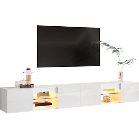 Finition laquée brillante et grand rangement Meuble TV moderne blanc 4 portes 2 niches pour salon (1/5)