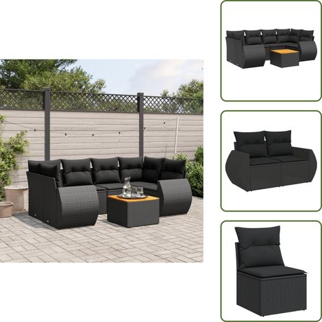 The Living Store Salon de jardin 7 pcs avec coussins noir résine tressée - Ensemble Salon De Jardin - Meuble Extérieur - Canapé Jardin - Table Jardin - Chaise Lounge