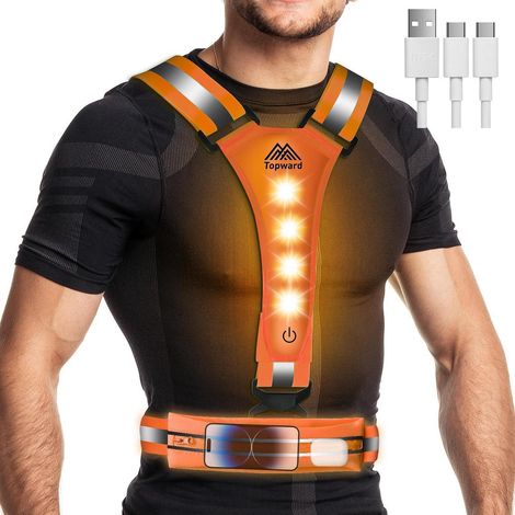 Gilet de sécurité LED rechargeable USB, haute visibilité 360°, imperméable, réglable orange (1/5)