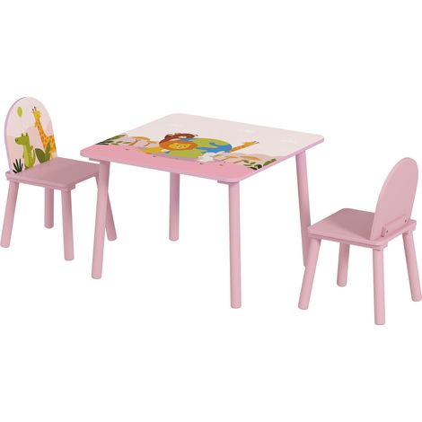 Set Tavolo e Sedie per Bambini 3-8 Anni Disegni di Animali e Bordi Arrotondati in MDF e Legno di Pino Rosa (1/5)