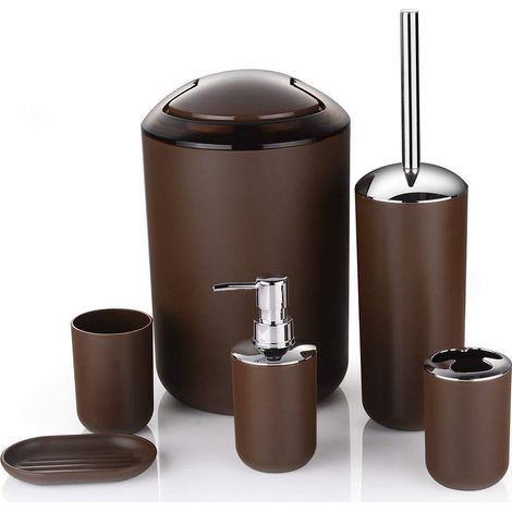 Ensemble de salle de bain neuf : Set d'accessoires 6 pièces — Comprend une poubelle plaquée, un porte-brosse à dents et un porte-savon (Marron) (1/2)