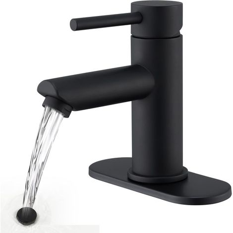 Robinet de lavabo simple en acier inoxydable noir mat, type à comptoir, bonde universelle 1/3 de trou avec trop-plein et tuyau d'arrivée d'eau (1/5)
