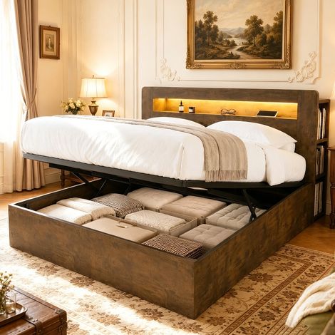 Bett mit Stauraum 180x200 aus Vintage-Holz, Doppelbett mit hydraulischem Bettkasten, LED-Beleuchtung und Steckdosen im Kopfteil (1/5)