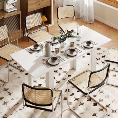 Ausziehbarer Esstisch für 6–8 Personen mit Klappplatten, ausziehbarer MDF-Küchentisch, für Esszimmer und Wohnzimmer, 140–180 x 80 x 75 cm, Weiß