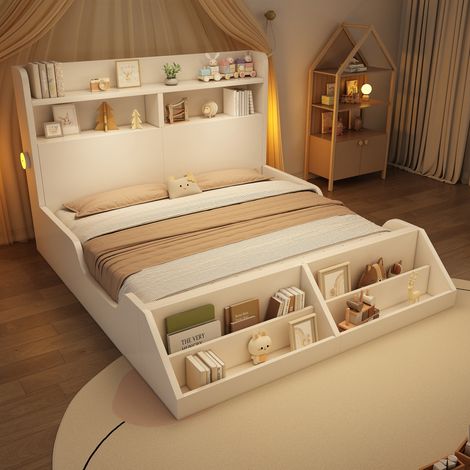 Lit Adulte 140×200 cm, Lit Double avec Étagères, 2 Lampes de Nuit et Bibliothèque Amovible, sans Matelas, Bois, Blanc (1/5)
