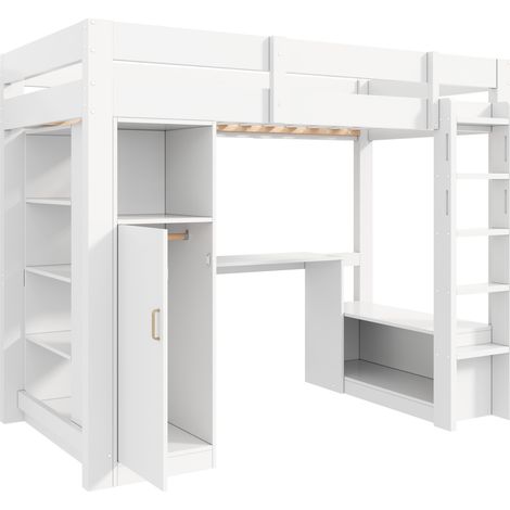 Lit mezzanine 90 x 200 avec armoire, étagères, bureau intégré, éclairage LED et port USB, blanc (1/5)