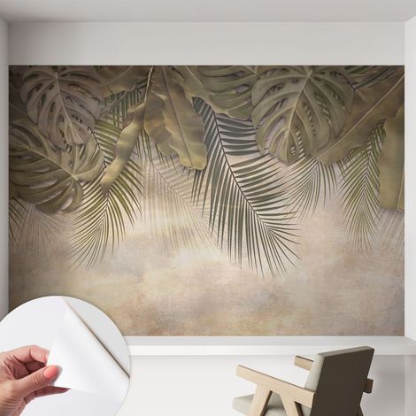 Tapete adhésive moderne pour salon et chambre à coucher Décoration rapide avec colle Feuilles tropicales 152x104 cm (1/5)
