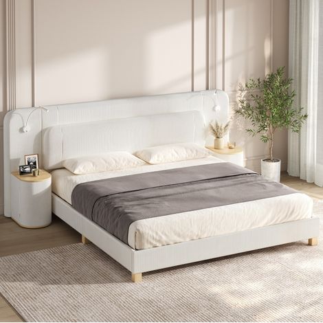 MODFU – Cama de matrimonio 180x200 cm de pana y MDF con LED, mesitas integradas, cabecero acolchado, carga 150 kg y 3 paquetes – Beige (1/5)