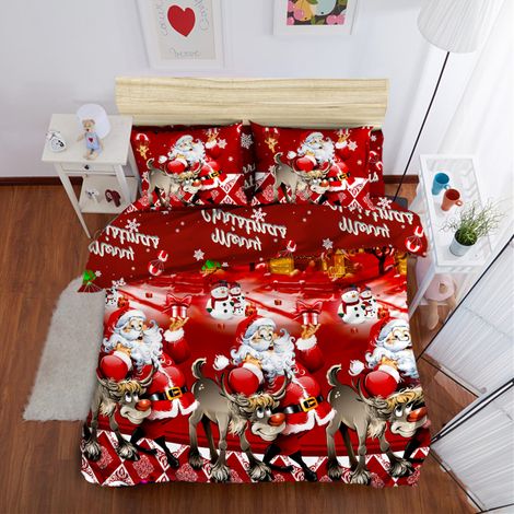 Ensemble de literie de Noël à motif Père Noël, comprenant une housse de couette en polyester imprimée en 3D, 2 taies d'oreiller et un drap-housse pour lit simple. (1/5)