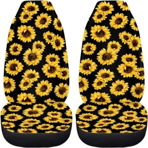 Pr Car Front Seat Covers Set of 2, Abstract Pattern, Black Sunflower, Universal Fit (1/5)