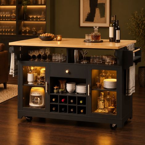 Carrello da cucina 143x80x95 cm in MDF e metallo nero con ripiani pieghevoli - MEUBLIV (1/5)