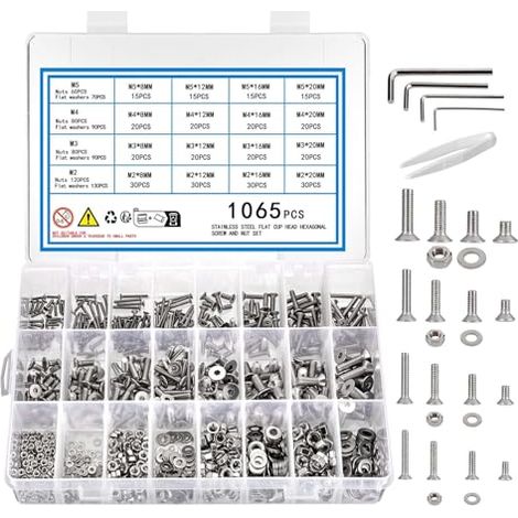 1065 Stück Schrauben Set, M2 M3 M4 M5 Zylinderschrauben mit Innensechskant Schraube mit Muttern und Unterlegscheiben, Edelstahl Gewindeschrauben Sortiment Set(1065)