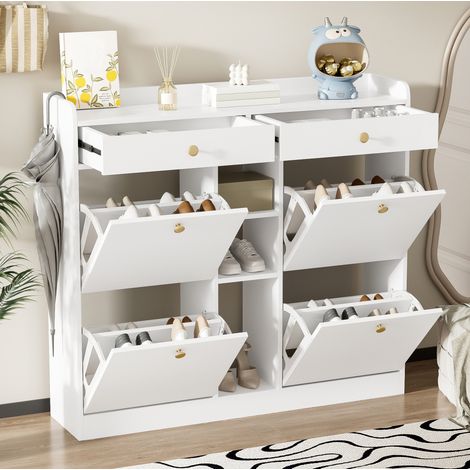 Mobile portascarpe bianco 110 x 26 x 100 cm con 4 ante battenti, 2 cassetti e 3 nicchie (1/5)