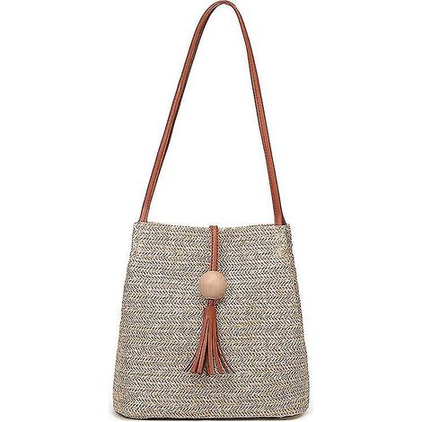 Sac à main bohème en paille et rotin pour femme, sac bandoulière en maille tricotée à la main, sac seau d'été à pompons - Marron-Brown (1/5)