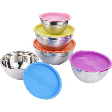 Ensemble de 5 bols mélangeurs en acier inoxydable avec couvercles, boîtes de conservation des aliments, ustensiles de cuisine pour la maison