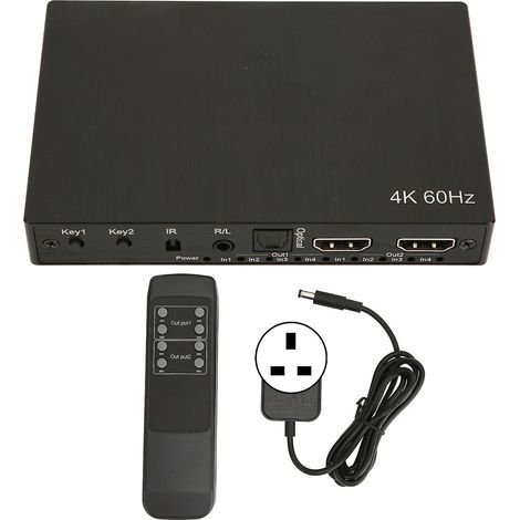 Commutateur HDMI 4K 4x2 avec sortie optique, EDID, télécommande infrarouge, prise britannique et prise en charge 4K HDR. (1/5)