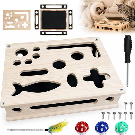 Boîte d'Activités pour Chat, Boîte à Griffoir en Bois, Puzzle à Gratter Boîte de Jeu, Jouet de Soin des Griffes pour Chat, Jouet Interactif pour Chats avec 3 Balles, Griffoir Interactif Chat (1/5)