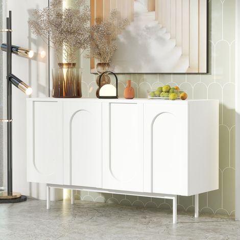 Okwish – Buffet blanc pur 140x42x80 cm – 4 portes à motif arqué – Étagères réglables en MDF massif – Pieds en métal pour style industriel