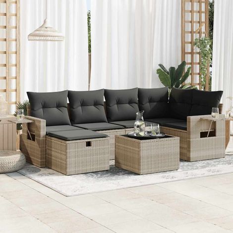 Set de sofás de jardín 7 pzas con cojines ratán PE gris claro vidaXL (1/5)