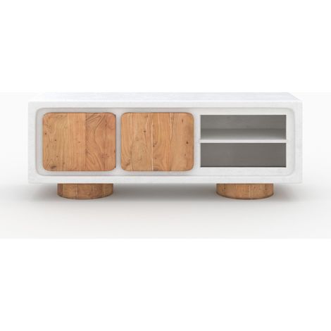 Mueble de TV en concreto blanco roto y madera de acacia 150 cm - Eden