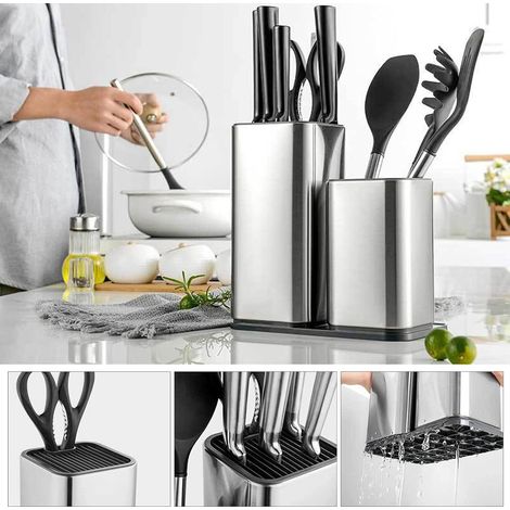 2 in 1 Speicherdesign Einzigartiges Messerblock Ohne Messer Universal Edelstahl Messerblockhalter unbestückt mit utensilienhalter,für einfache Reinigung
