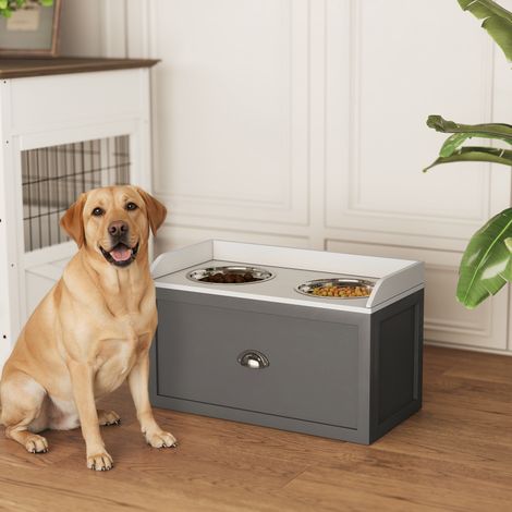Gamelle double chien chat - porte-gamelles surélevé rangement 2 en 1 - tiroir, 2 gamelles - acier inox. MDF blanc gris