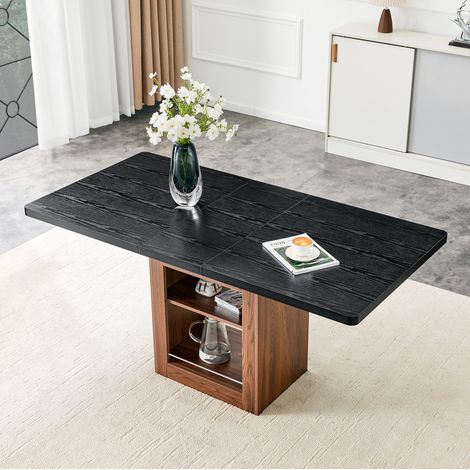 Mesa de comedor extensible, 130-160 cm, con estante integrado, MDF, negra (1/5)