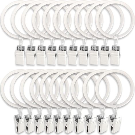 Confezione da 20 anelli per tende in metallo con clip, ganci per tende, fermatende, aste per tende, diametro interno 3,8 cm, bianco