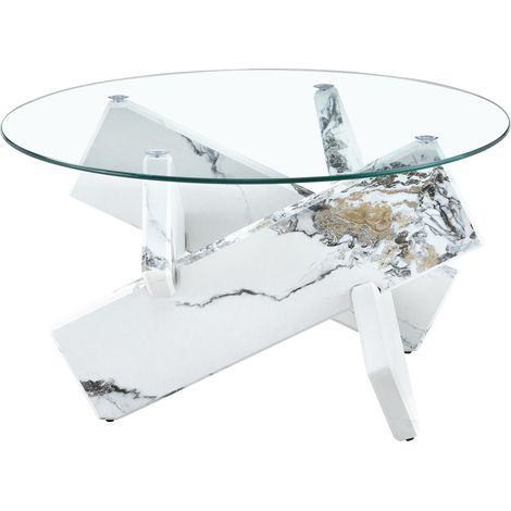 Table basse ronde en verre et MDF style marbre blanc, plateau trempé 79 cm, design croisé élégant pour salon moderne et coin lecture, facile à monter CHICFURN (1/5)