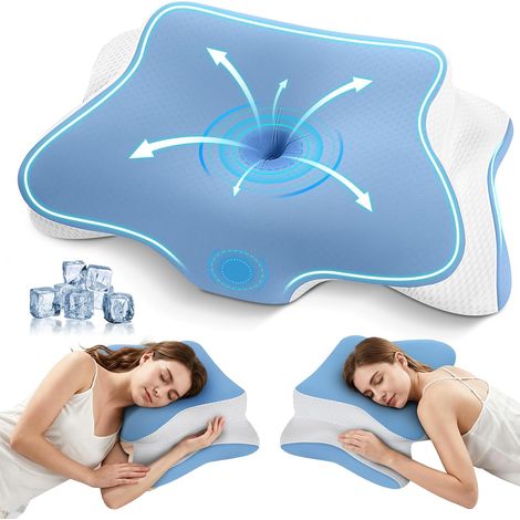 Oreiller Ergonomique Cervical, Oreillers Memoire Forme Ergonomique Cervical pour Les Douleurs au Cou et aux épaules, Oreiller Orthopédique de Soutien du Cou pour Les Dormeurs sur Le côté, Bleu (1/5)