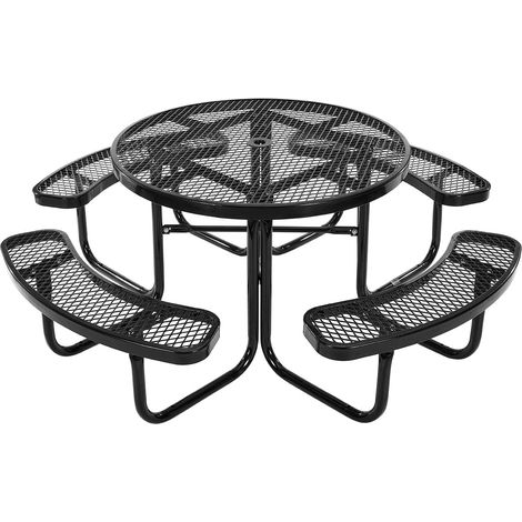 VEVOR Table de pique-nique robuste 1150 mm avec bancs, ensemble table ronde et banc deexterieur en acier enduit, resistant aux intemperies, avec trou pour parasol, pour jardin, cour, porche, noir