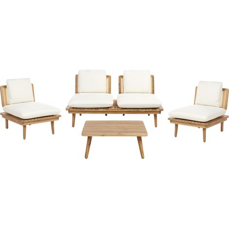 Conjunto de jardín 5 piezas 4 plazas boho con cojines madera de acacia certificada clara Accadia
