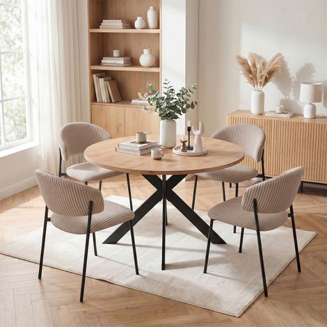 Ensemble de table à manger ronde, plateau rond en MDF finition chêne de 115 cm pour salle à manger et cuisine (4 chaises, velours côtelé, gris)