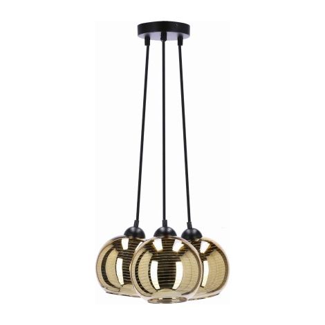 Lampe à suspension Trio, noire, 3x60w, e27, abat-jour doré